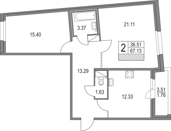 2-комнатная квартира 67.13 м², 6/16 эт., ЖК «Приморский квартал»